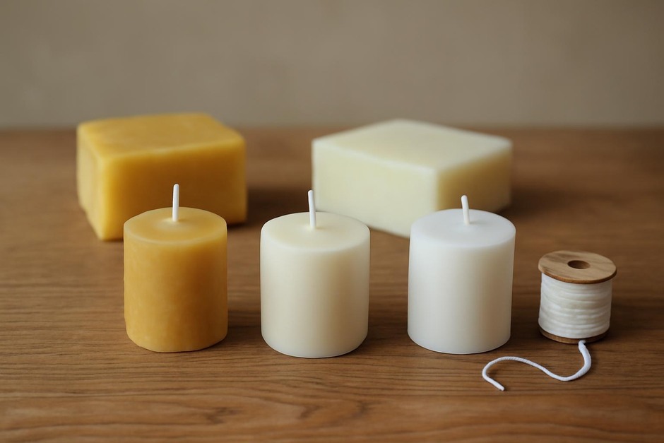 Three small handmade candles on a wooden table with wax blocks and a wick spool
