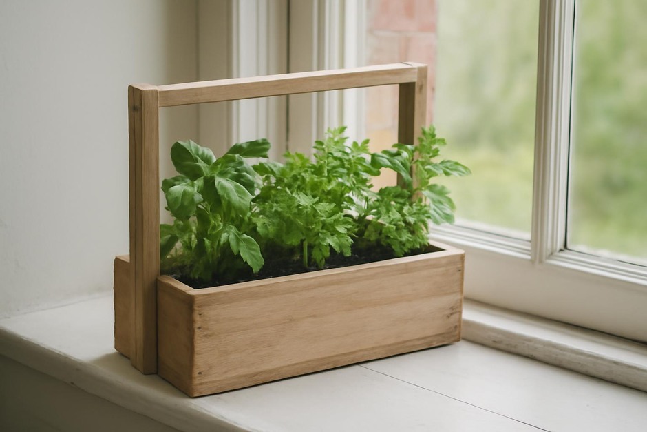 Compact indoor herb planter on a windowsill