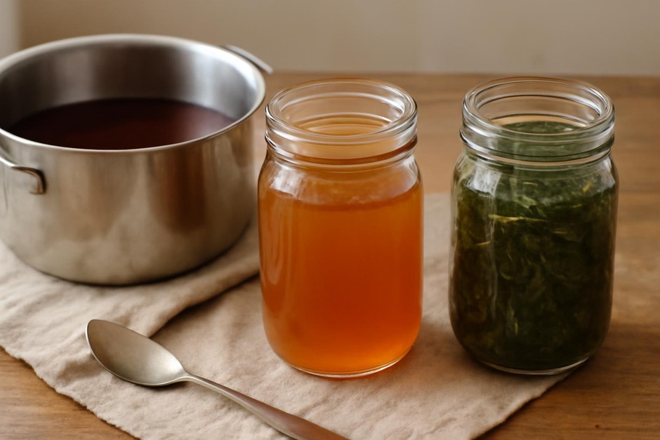 Two jars with plant dyes, one hot immersion pot and one jar of steeping plant material