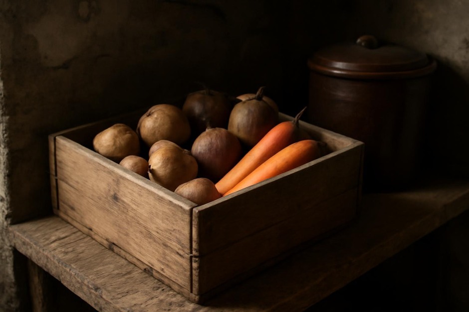A wooden crate of root vegetables in a cool, dim pantry