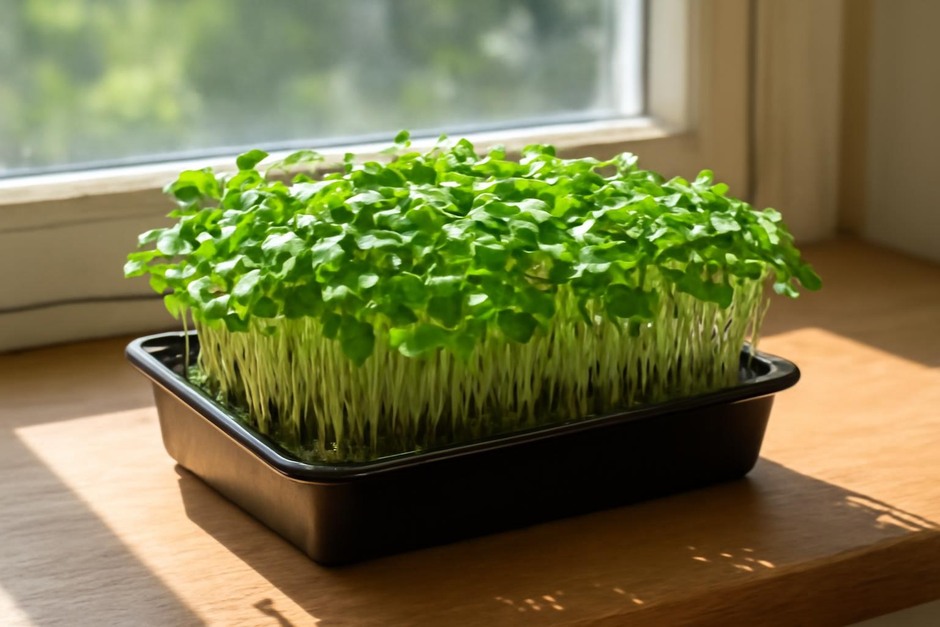 Tray of green microgreens on a sunny window sill